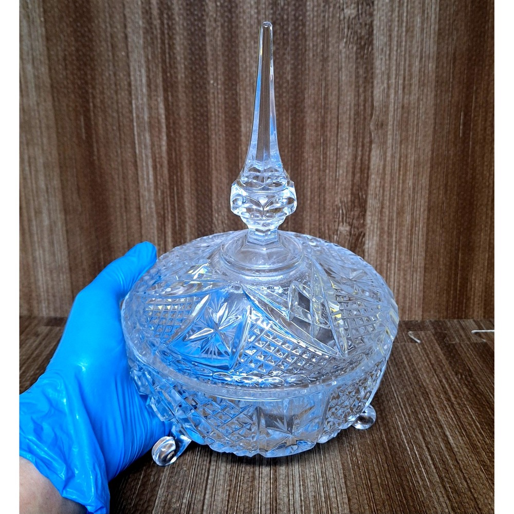 Vintage Cut Crystal Lidded Candy Dish Three Footed Bowl With Tall Spire Lid 10"